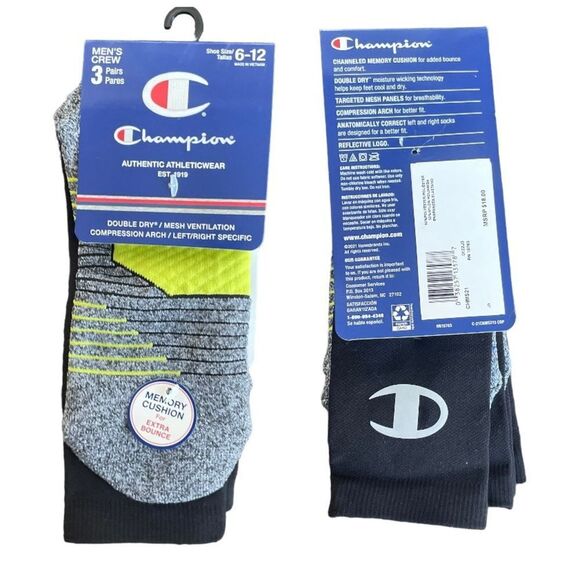 Champion men’s 3 pairs crew socks memory cushioned New size 6-12 - Picture 2 of 7